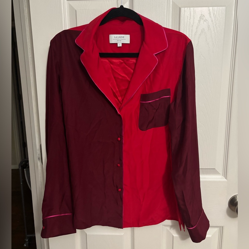 La Ligne‎ | Red Maroon Colorblocked Silk Blouse Pajama Shirt Sz L